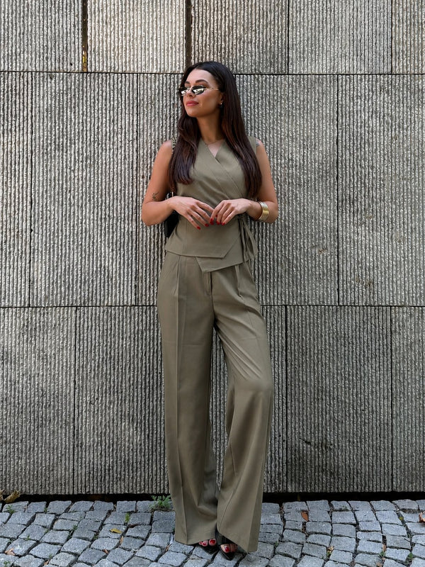 Haki Donna Kruvaze Yelek Pantolon Takım - 8496