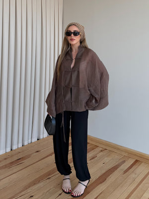 Kahverengi İp Bağcıklı Transparan Kimono - 5098
