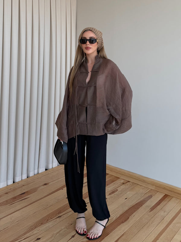 Kahverengi İp Bağcıklı Transparan Kimono - 5098
