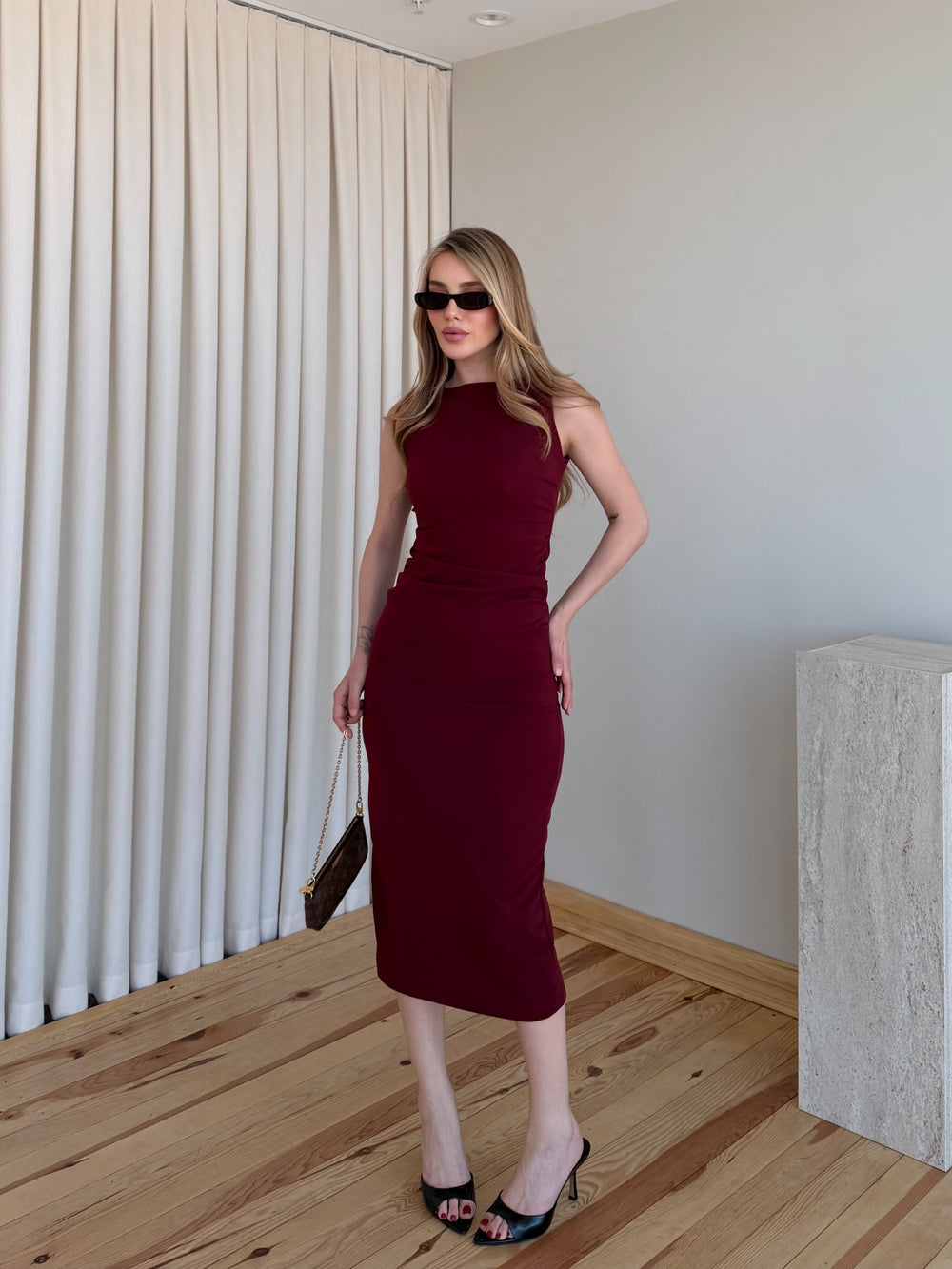 Bordo Drapeli Midi Elbise - 0506