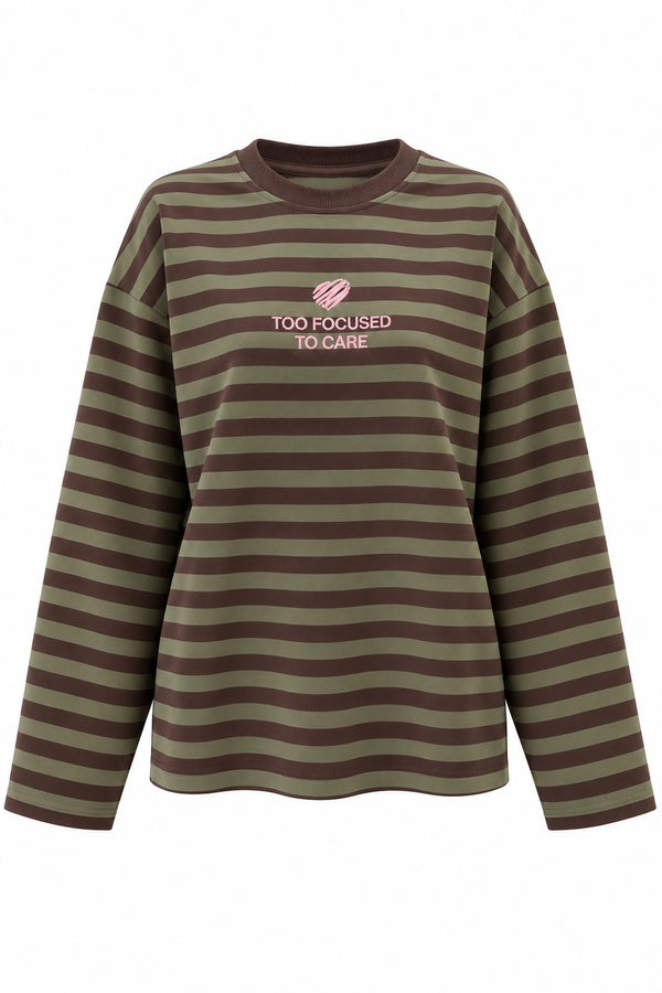 Haki Çizgili Nakışlı Tshirt - 5235
