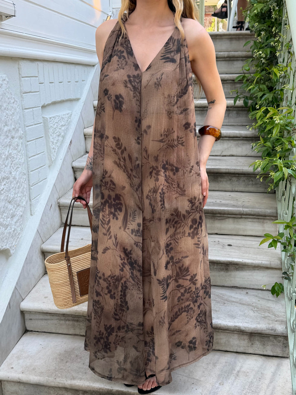 Camel Omuzundan Düğümlü Elbise - 3429