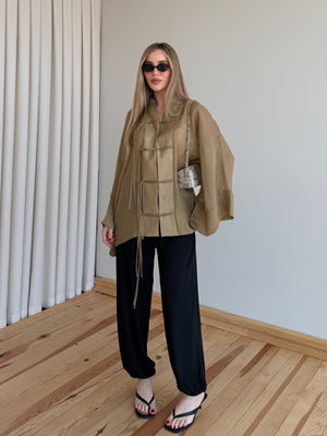 Olive İp Bağcıklı Transparan Kimono - 5098