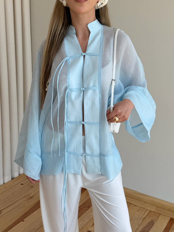 Açık Mavi İp Bağcıklı Transparan Kimono - 5098