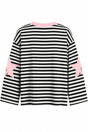 Pembe Yaka Creative Baskılı Çizgili Tshirt - 1127