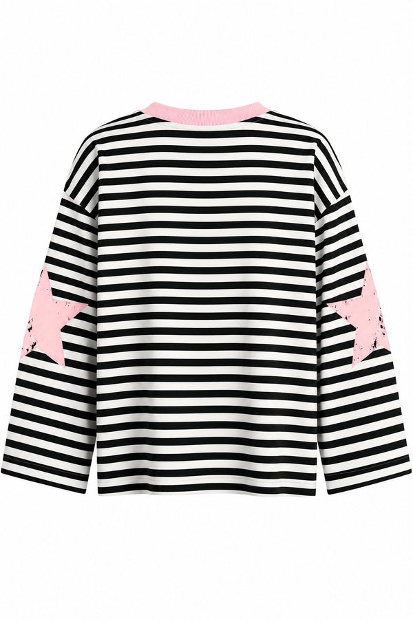 Pembe Yaka Creative Baskılı Çizgili Tshirt - 1127