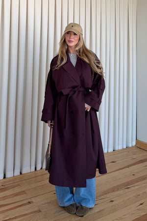 Mürdüm Lucky Düğme Detaylı Oversize Trençkot | LALUVIA