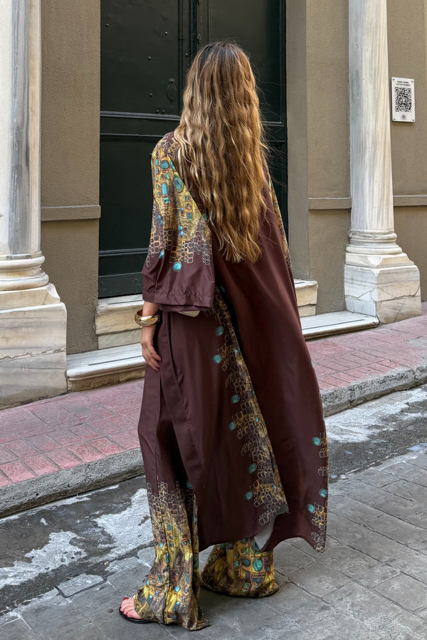 Kahverengi Tasarım Büstiyer Kimono Üçlü Takım - 8606