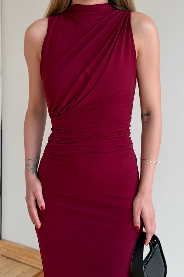 Bordo Drapeli Yırtmaçlı Elbise - 4114