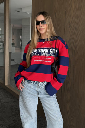 Kırmızı Lacivert New York Baskılı Sweatshirt - 1132