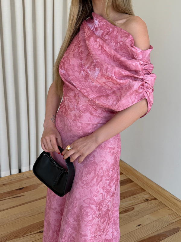 Pembe Tek Omuz Asimetrik Çiçekli Elbise - 205385
