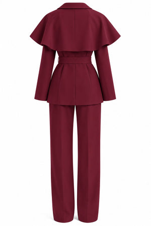 Bordo Pelerinli Kuşaklı Düğmeli Ceket Pantolon Takım - 2y8325