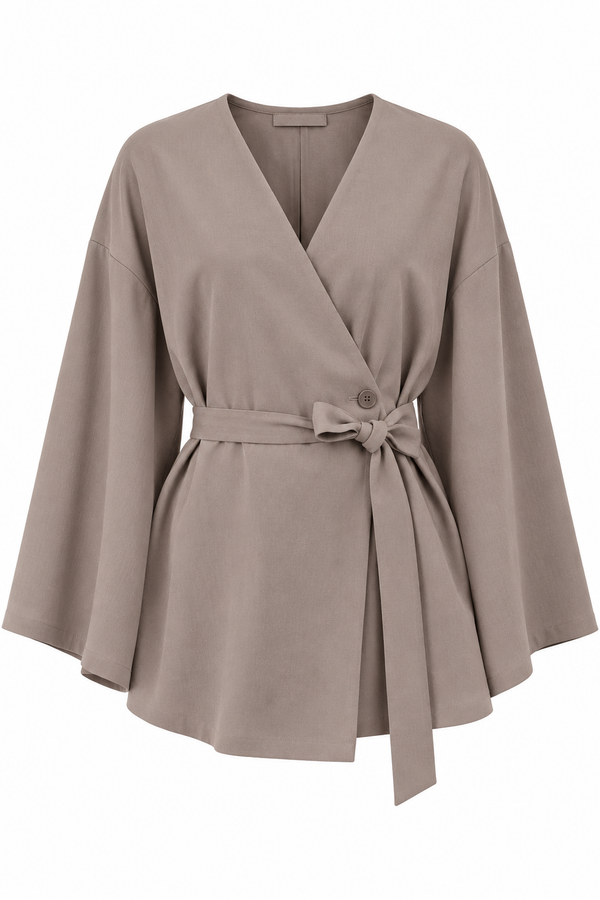 Sütlü Kahve Düğme Detaylı Kemerli Kimono - 005
