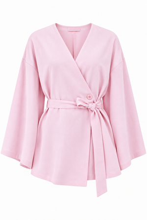 Pembe Düğme Detaylı Kemerli Kimono - 005