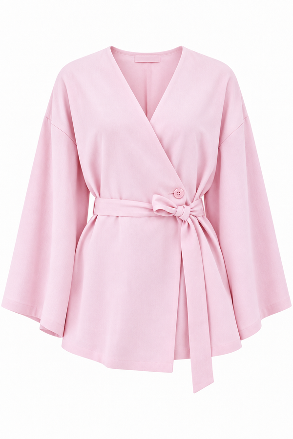 Pembe Düğme Detaylı Kemerli Kimono - 005