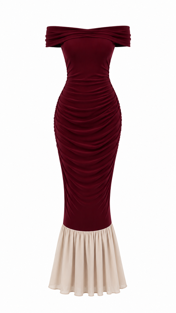 Bordo Kayık Yaka Fırfırlı Elbise - 2y4798