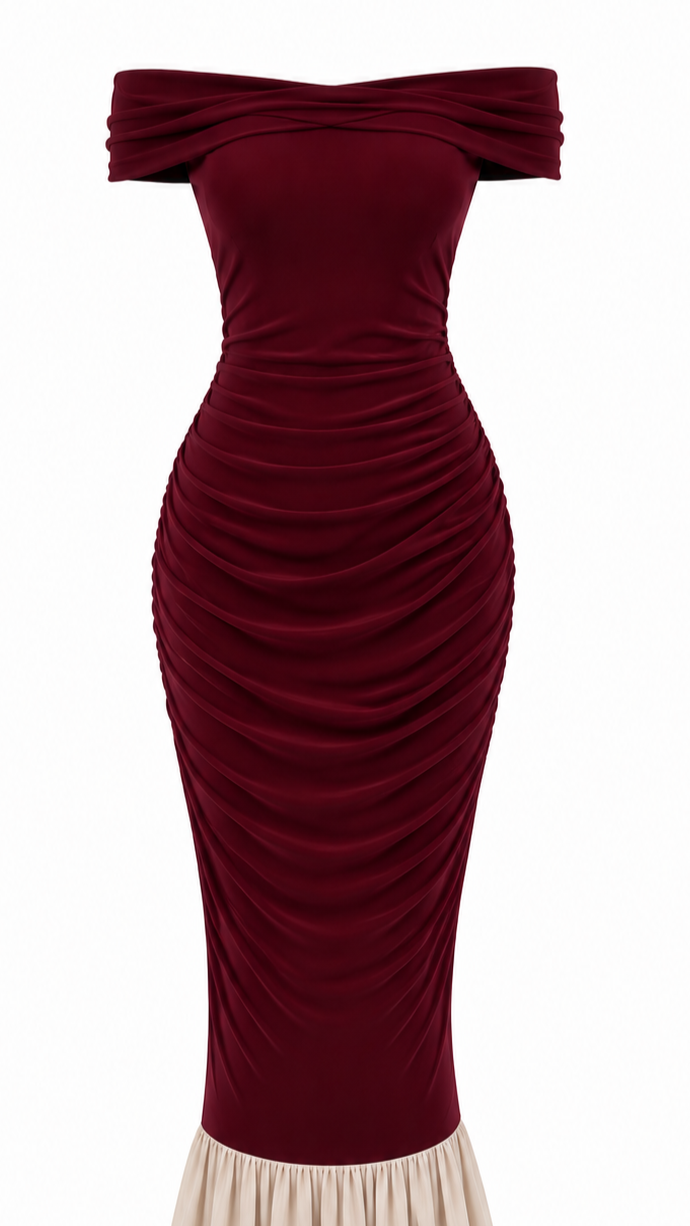 Bordo Kayık Yaka Fırfırlı Elbise - 2y4798