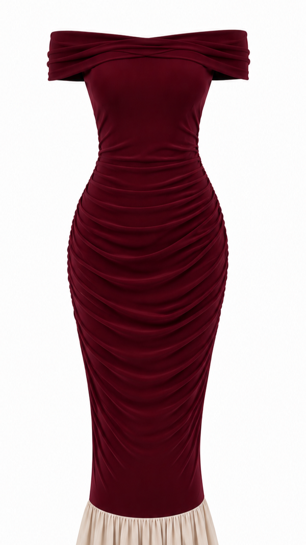 Bordo Kayık Yaka Fırfırlı Elbise - 2y4798