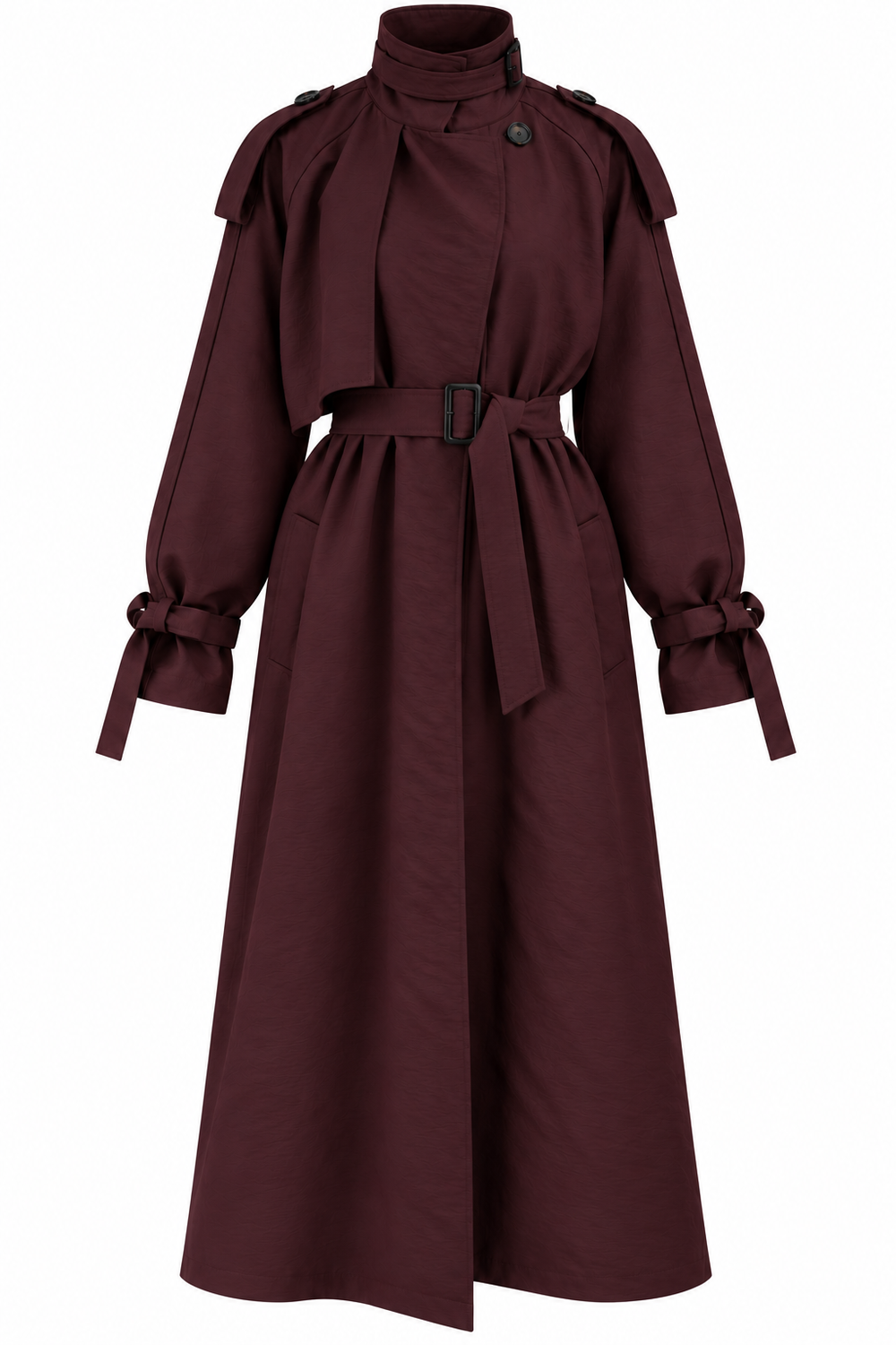 Bordo Kuşaklı Premium Oversize Trençkot - 8646