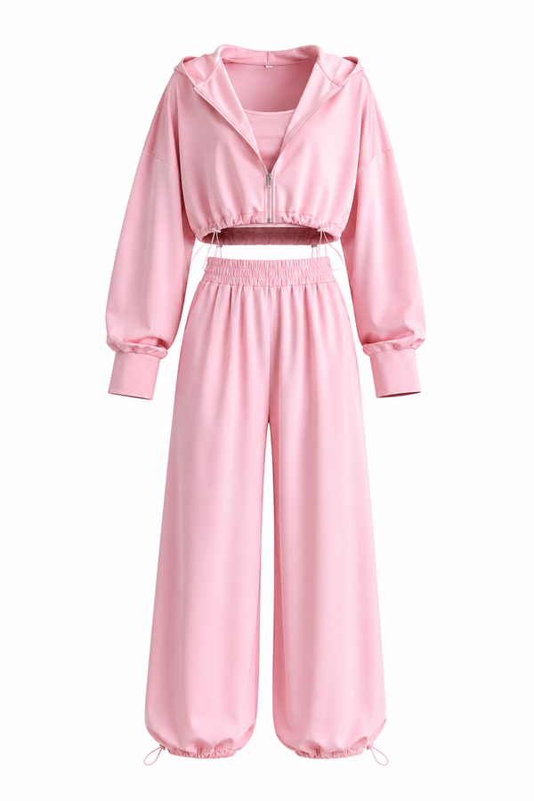 Pembe Crop Üçlü Takım - 3223