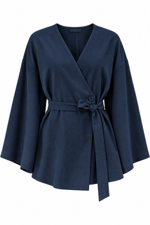 Lacivert Pamuklu Düğme Detaylı Kemerli Keten Kimono - 005