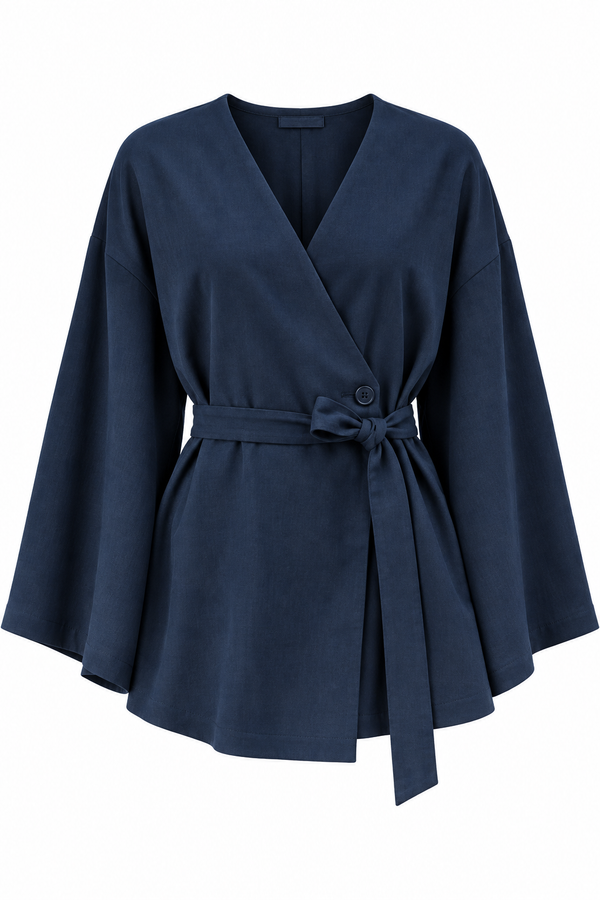Lacivert Pamuklu Düğme Detaylı Kemerli Keten Kimono - 005