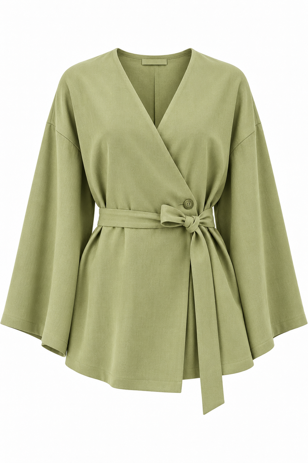 Haki Düğme Detaylı Kemerli Kimono - 005