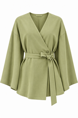 Haki Düğme Detaylı Kemerli Kimono - 005