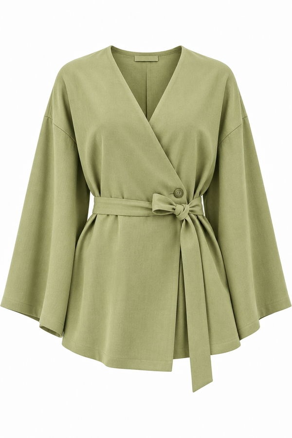 Haki Düğme Detaylı Kemerli Kimono - 005