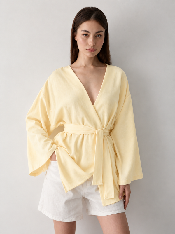 Sarı Düğme Detaylı Kemerli Kimono - 005