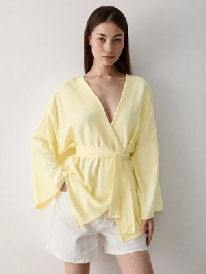 Sarı Düğme Detaylı Kemerli Kimono - 005