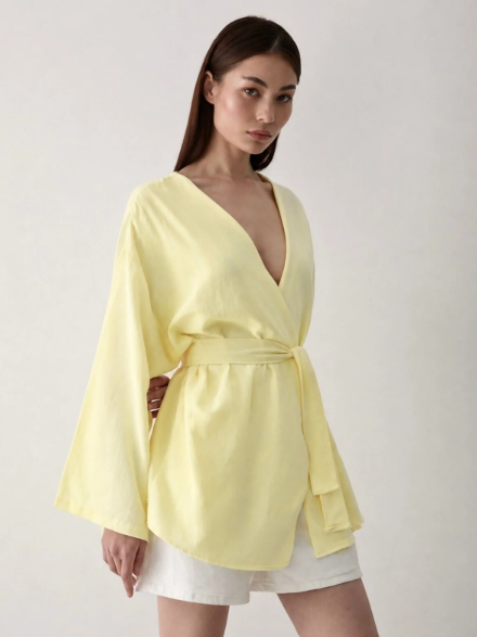 Sarı Düğme Detaylı Kemerli Kimono - 005