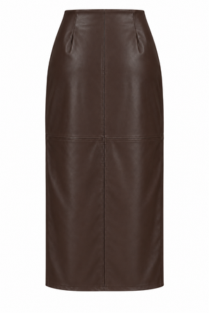 Kahverengi Yırtmaçlı Maxi Deri Etek - 0029