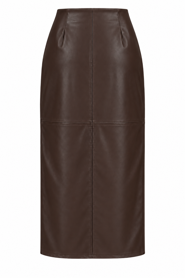 Kahverengi Yırtmaçlı Maxi Deri Etek - 0029