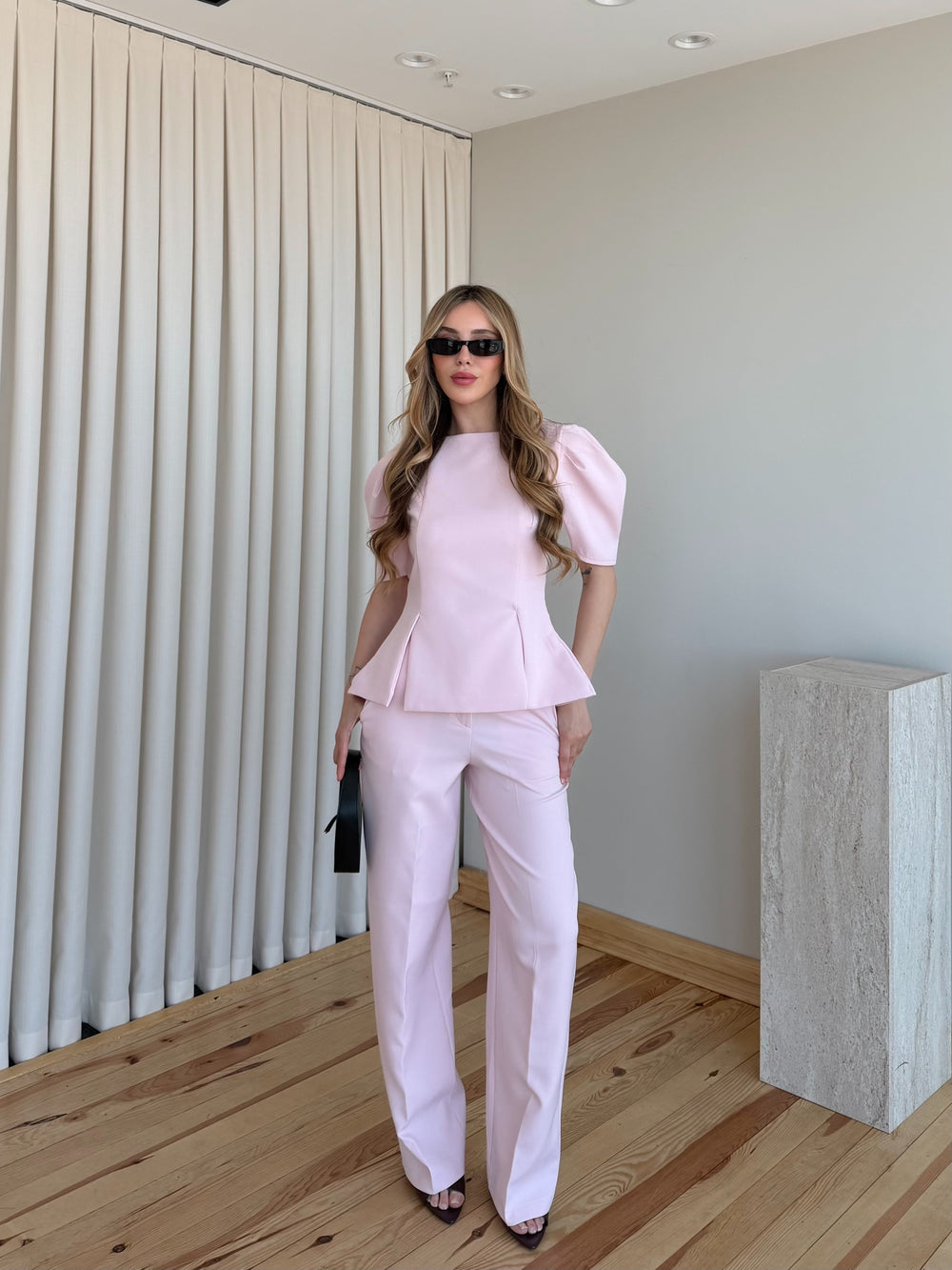 Pembe Mateo Balon Kol Bluz Pantolon Takım - 5125