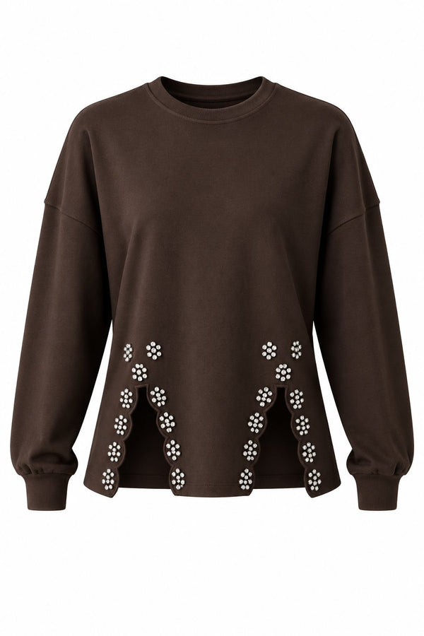 Kahverengi Taş İşlemeli Sweatshirt - 261010