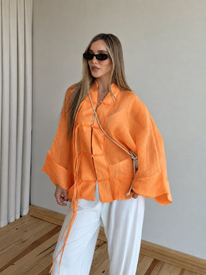 Orange İp Bağcıklı Transparan Kimono - 5098