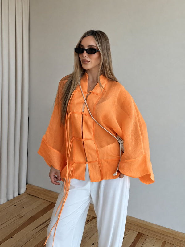 Orange İp Bağcıklı Transparan Kimono - 5098