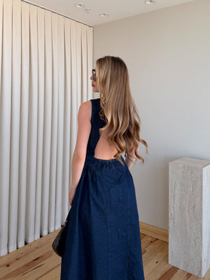 Lacivert Sırt Dekolteli Uzun Denim Elbise - 261026