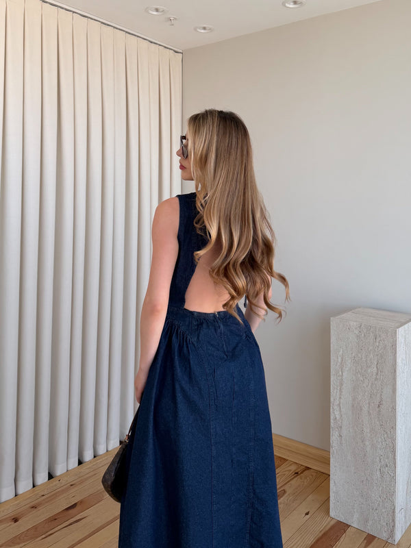 Lacivert Sırt Dekolteli Uzun Denim Elbise - 261026