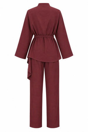 Kiremit Volanlı İnce Kemerli Kimono Takım - 8739