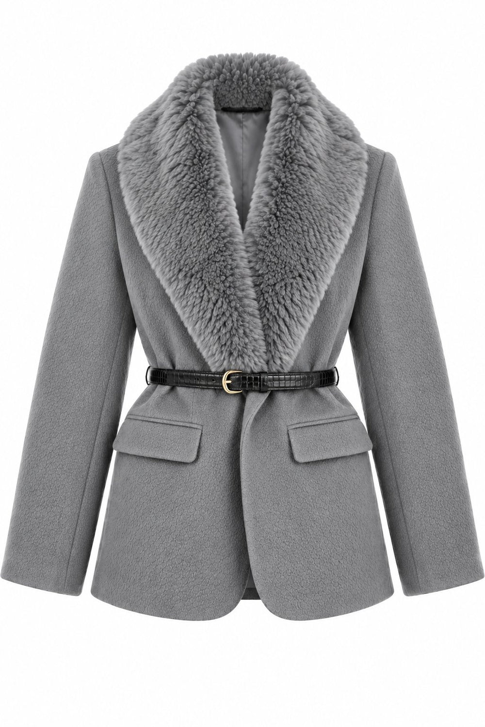 Gri Kürk Yaka Peluş Ceket - 9688