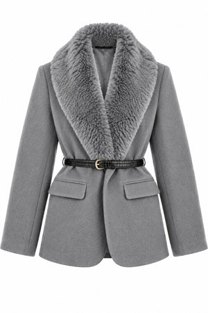 Gri Kürk Yaka Peluş Ceket - 9688