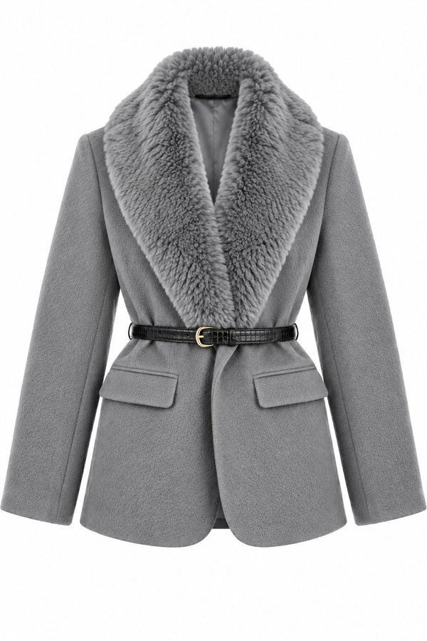 Gri Kürk Yaka Peluş Ceket - 9688