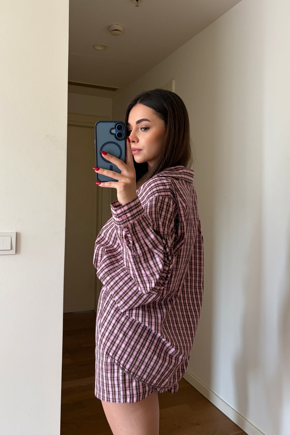 Pembe Kareli Gömlek Şort Takım - 7363