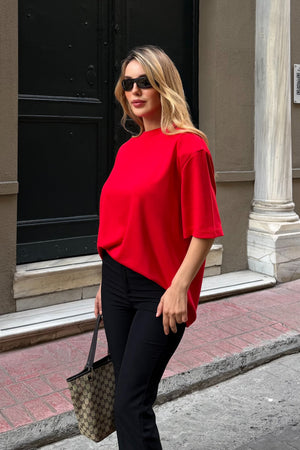 Kırmızı Sırtı Taşlı Kalp Dekolteli Vatkalı T-shirt - 4122