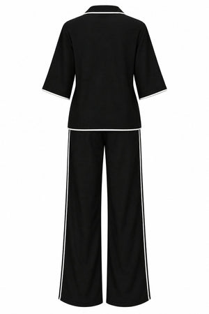 Siyah - Natural Biye Detaylı Bluz Pantolon Takım - 2y9001
