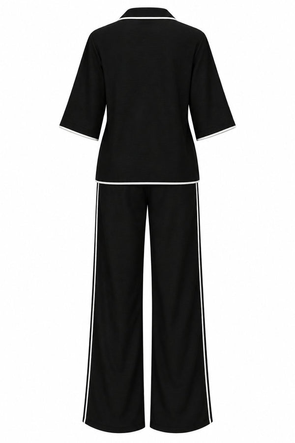 Siyah - Natural Biye Detaylı Bluz Pantolon Takım - 2y9001