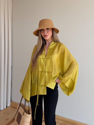 Sarı İp Bağcıklı Transparan Kimono - 5098