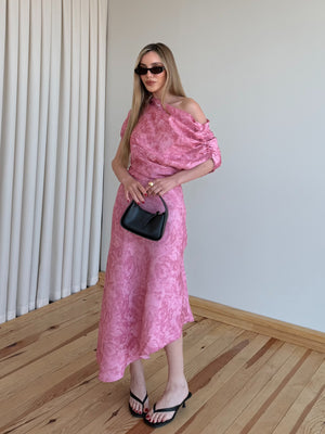 Pembe Tek Omuz Asimetrik Çiçekli Elbise - 205385